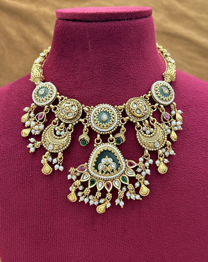 Premium Gold Plated Antique Kundan Necklace Set with Green Stone and Pearl Drops