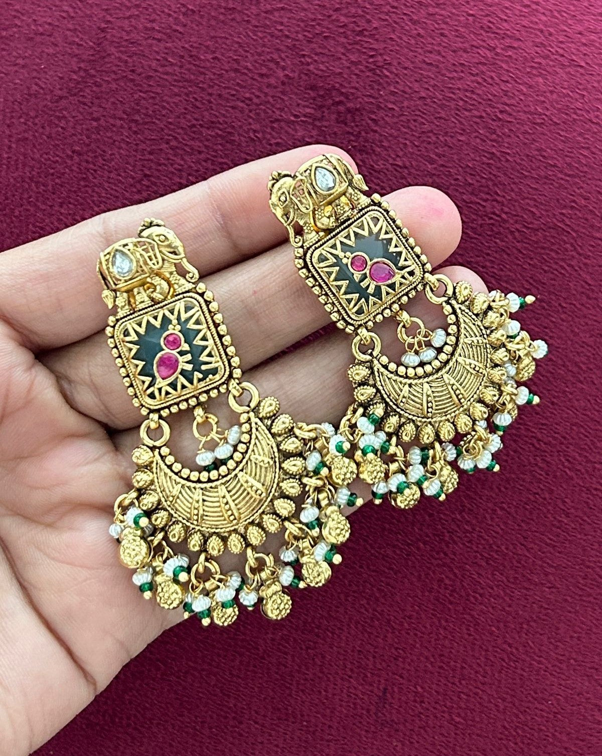 Premium Antique Finish Gold Plated Royal Elephant Motif Necklace Set with Pearl Drops