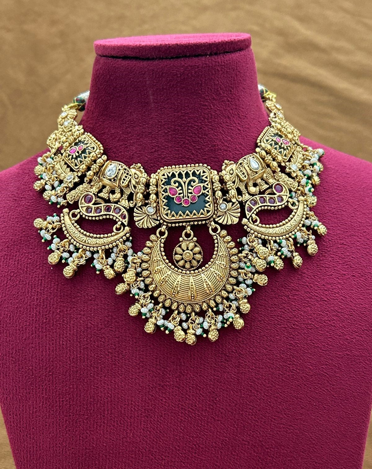 Premium Antique Finish Gold Plated Royal Elephant Motif Necklace Set with Pearl Drops