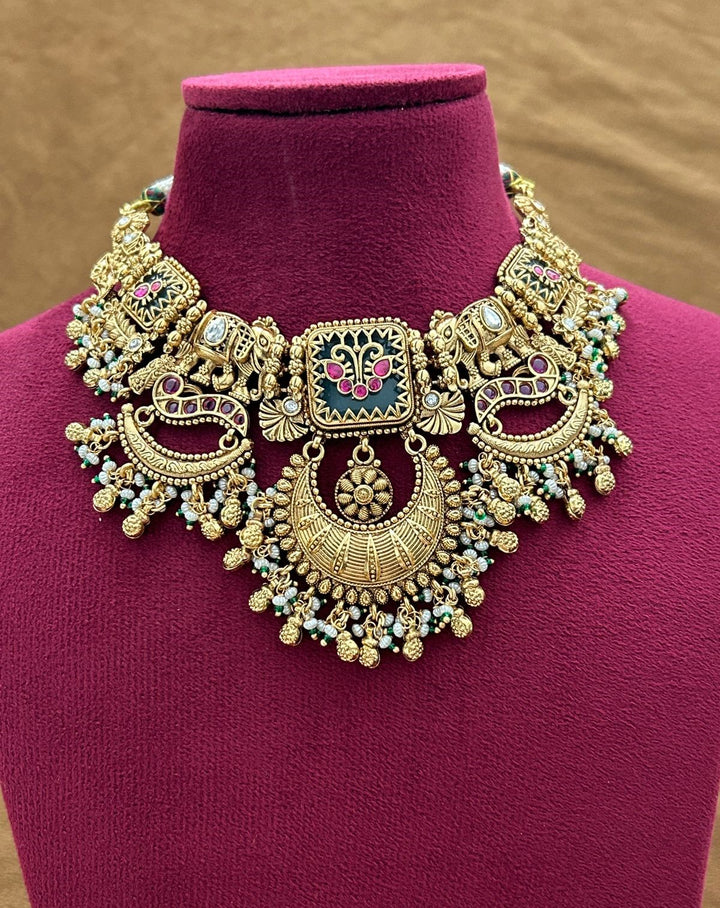 Premium Antique Finish Gold Plated Royal Elephant Motif Necklace Set with Pearl Drops