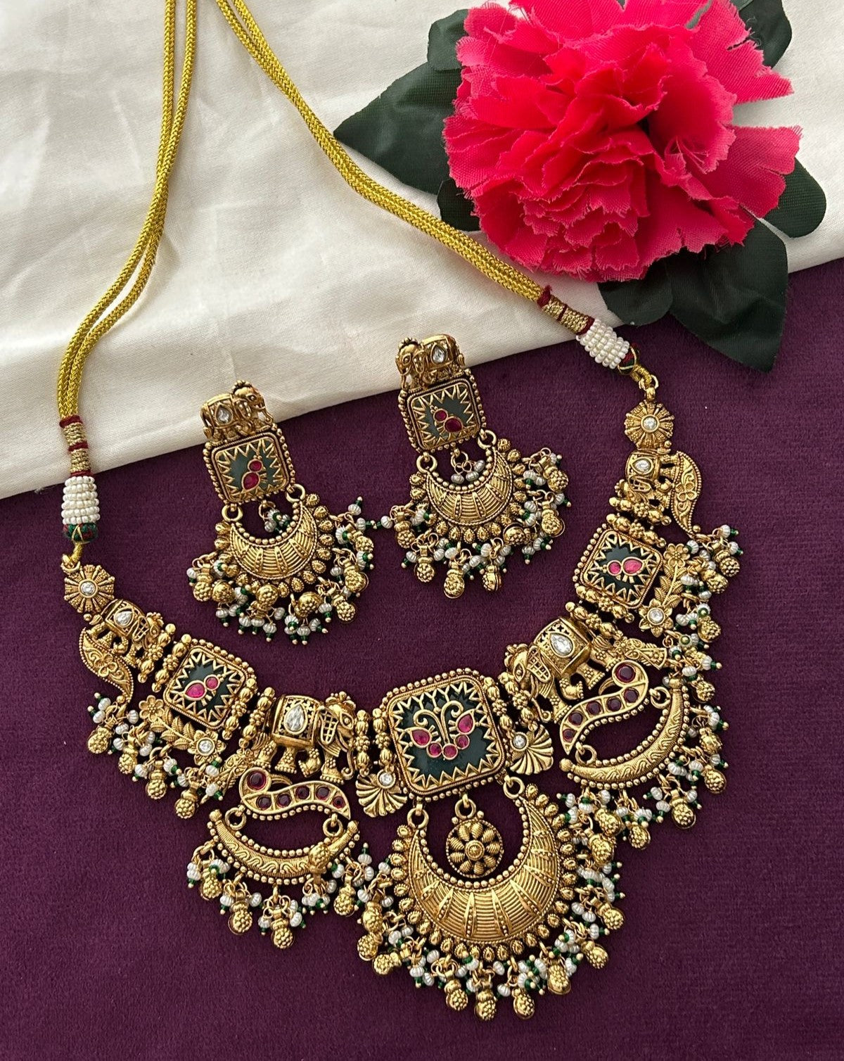Premium Antique Finish Gold Plated Royal Elephant Motif Necklace Set with Pearl Drops