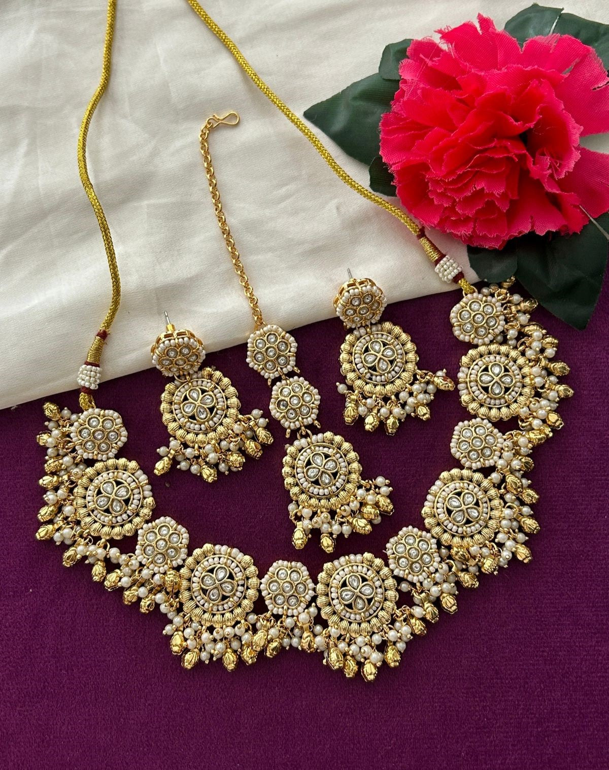 Premium Antique Finish Gold Plated Floral Heritage Necklace Set with Dual Color Variations
