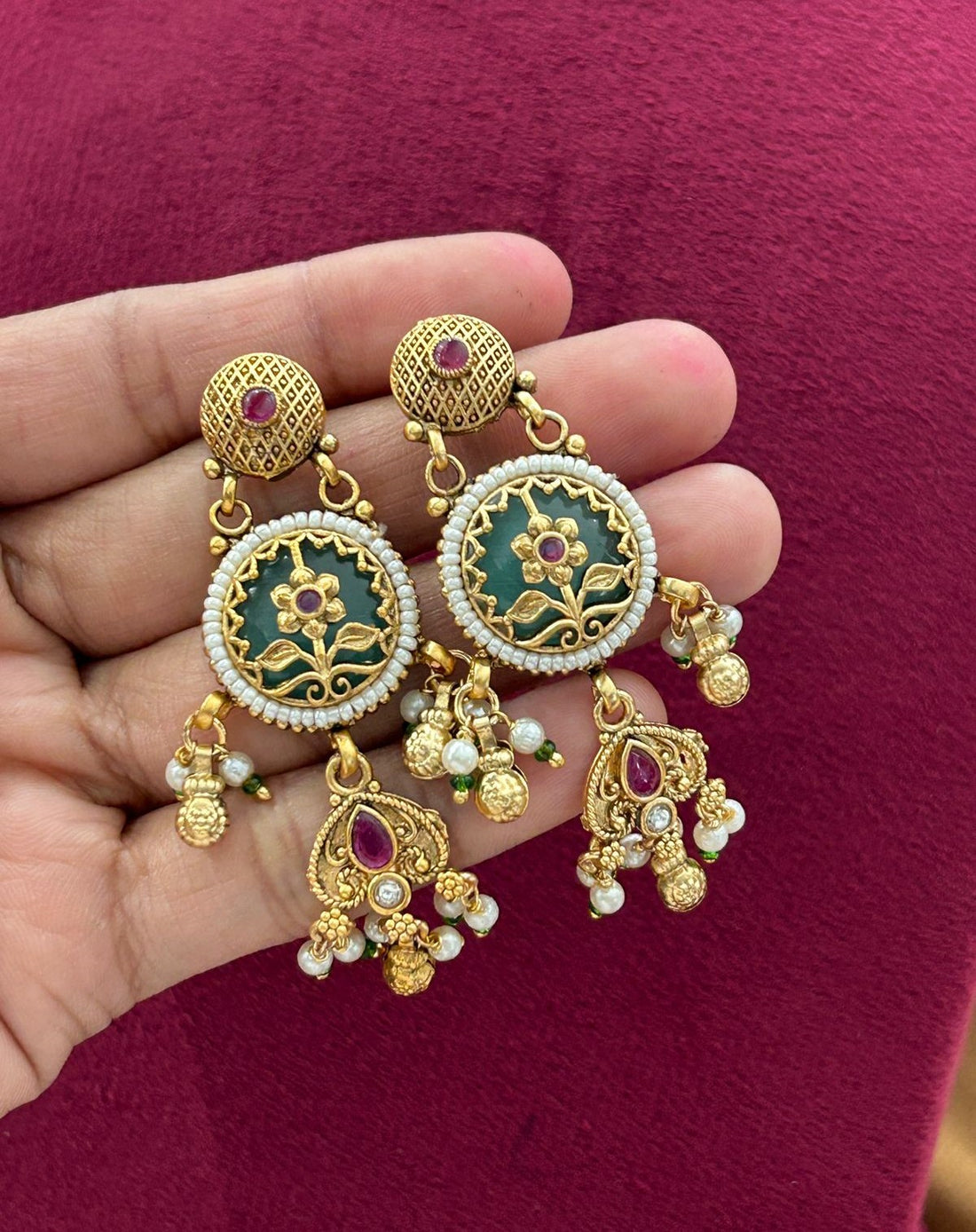 Premium Antique Finish Gold Plated Royal Elephant Floral Necklace Set with Pearl Drops