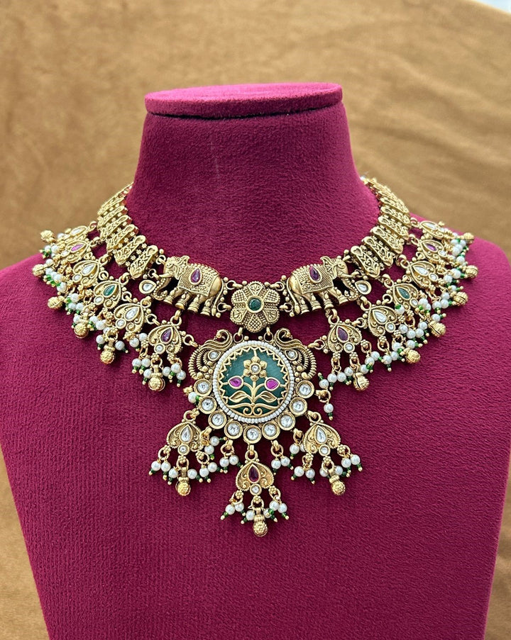 Premium Antique Finish Gold Plated Royal Elephant Floral Necklace Set with Pearl Drops