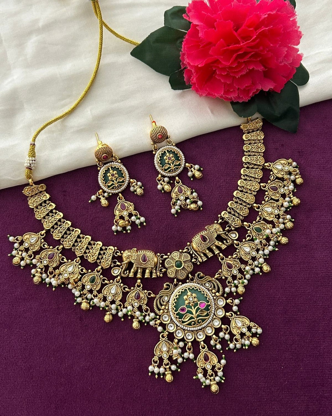 Premium Antique Finish Gold Plated Royal Elephant Floral Necklace Set with Pearl Drops