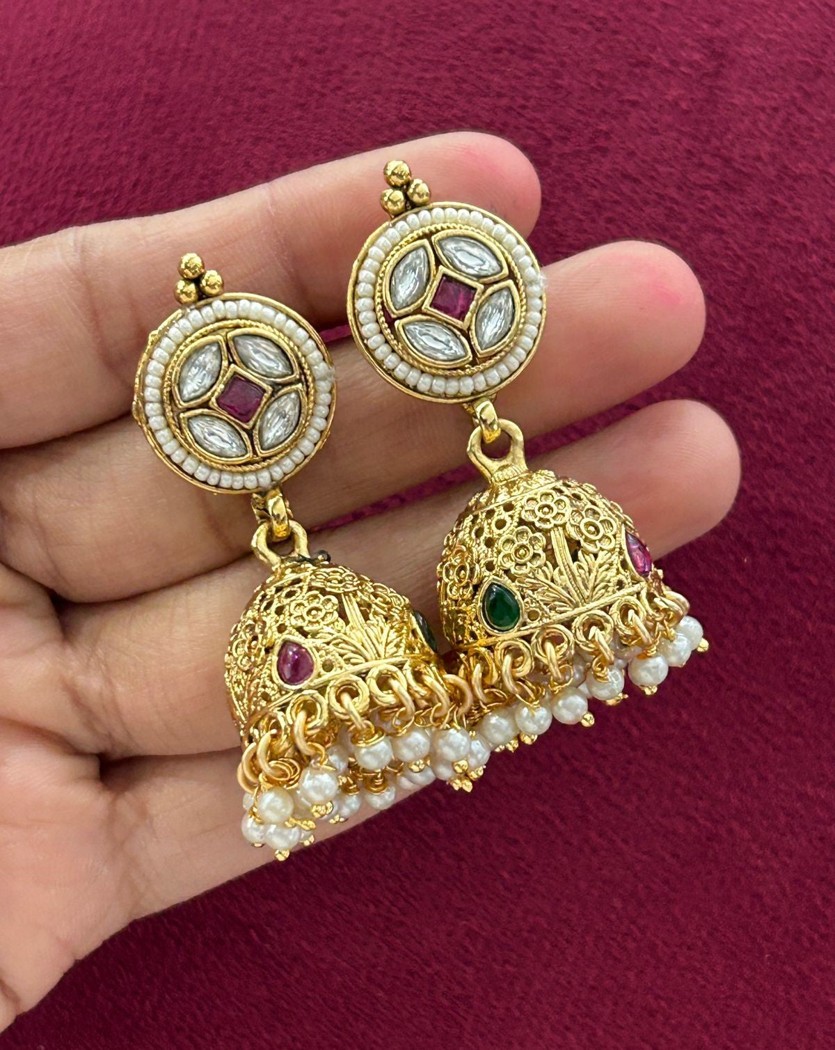 Premium Antique Finish Gold Plated Pendant Necklace Set with Green Center Design and Jhumka Earrings