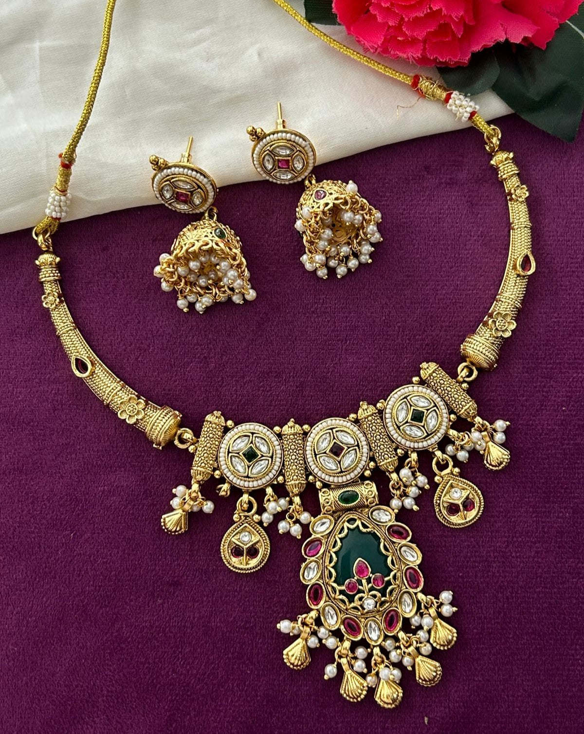 Premium Antique Finish Gold Plated Pendant Necklace Set with Green Center Design and Jhumka Earrings