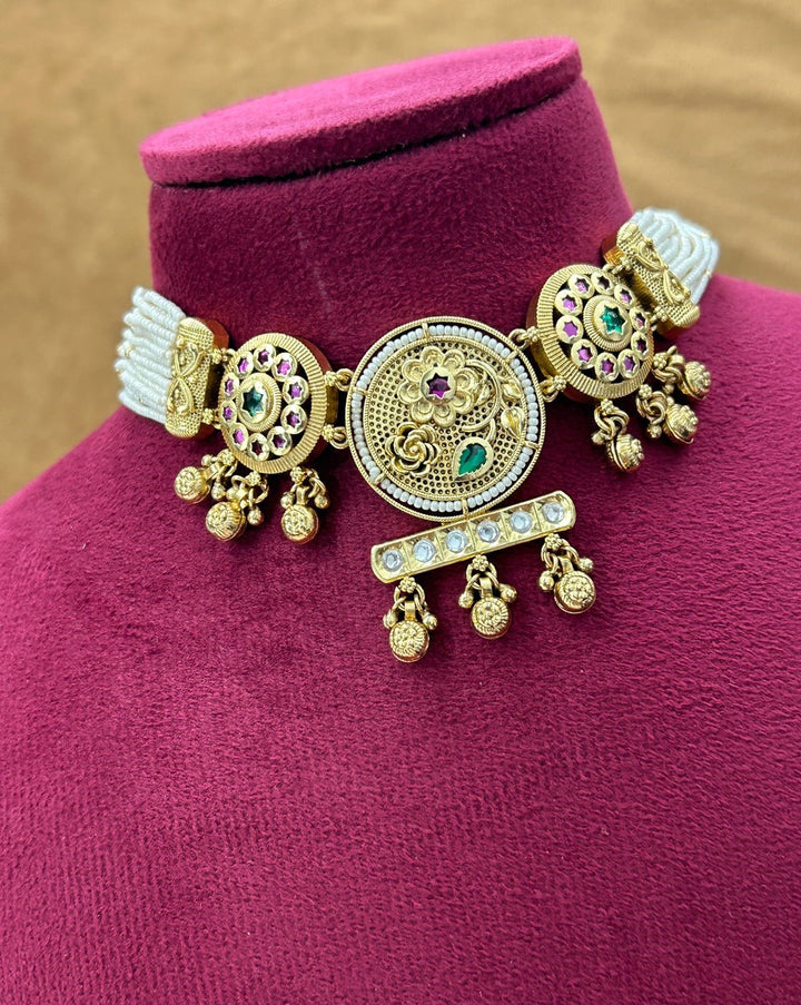 Premium Antique Finish Gold Plated 2-in-1 Choker and Long Style Pearl Necklace Set with Earrings