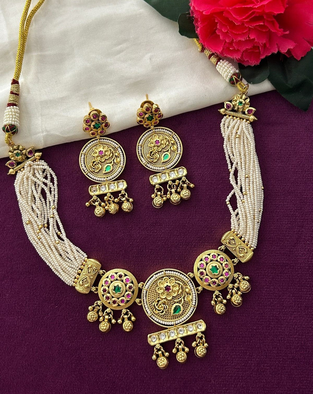 Premium Antique Finish Gold Plated 2-in-1 Choker and Long Style Pearl Necklace Set with Earrings