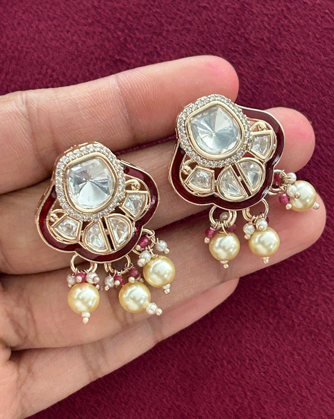 Real Gold Tone Kundan Pearl Choker Necklace Set with Multi Layer Strings with Earrings