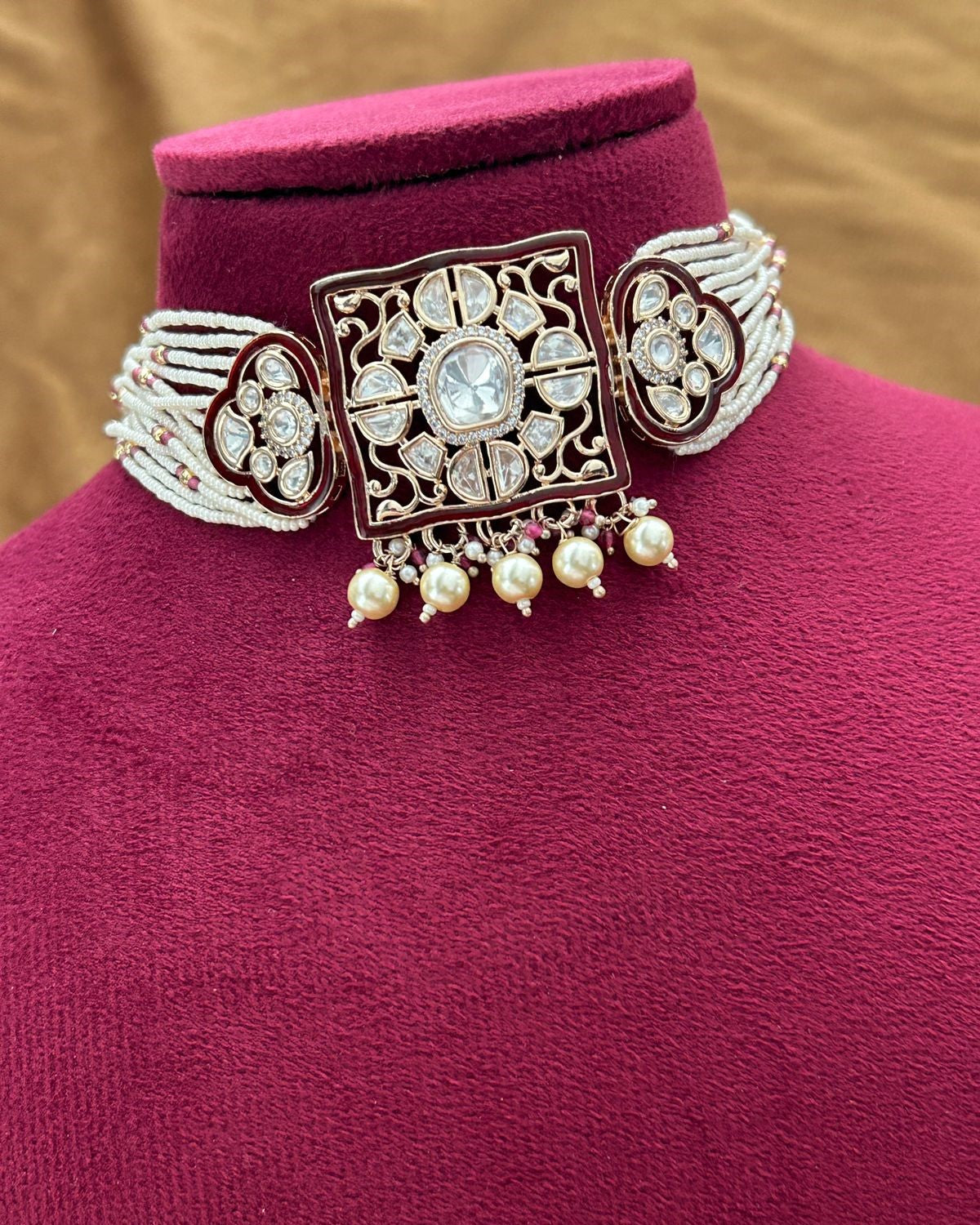 Real Gold Tone Kundan Pearl Choker Necklace Set with Multi Layer Strings with Earrings