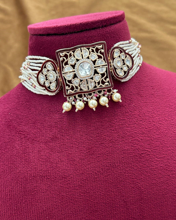 Real Gold Tone Kundan Pearl Choker Necklace Set with Multi Layer Strings with Earrings