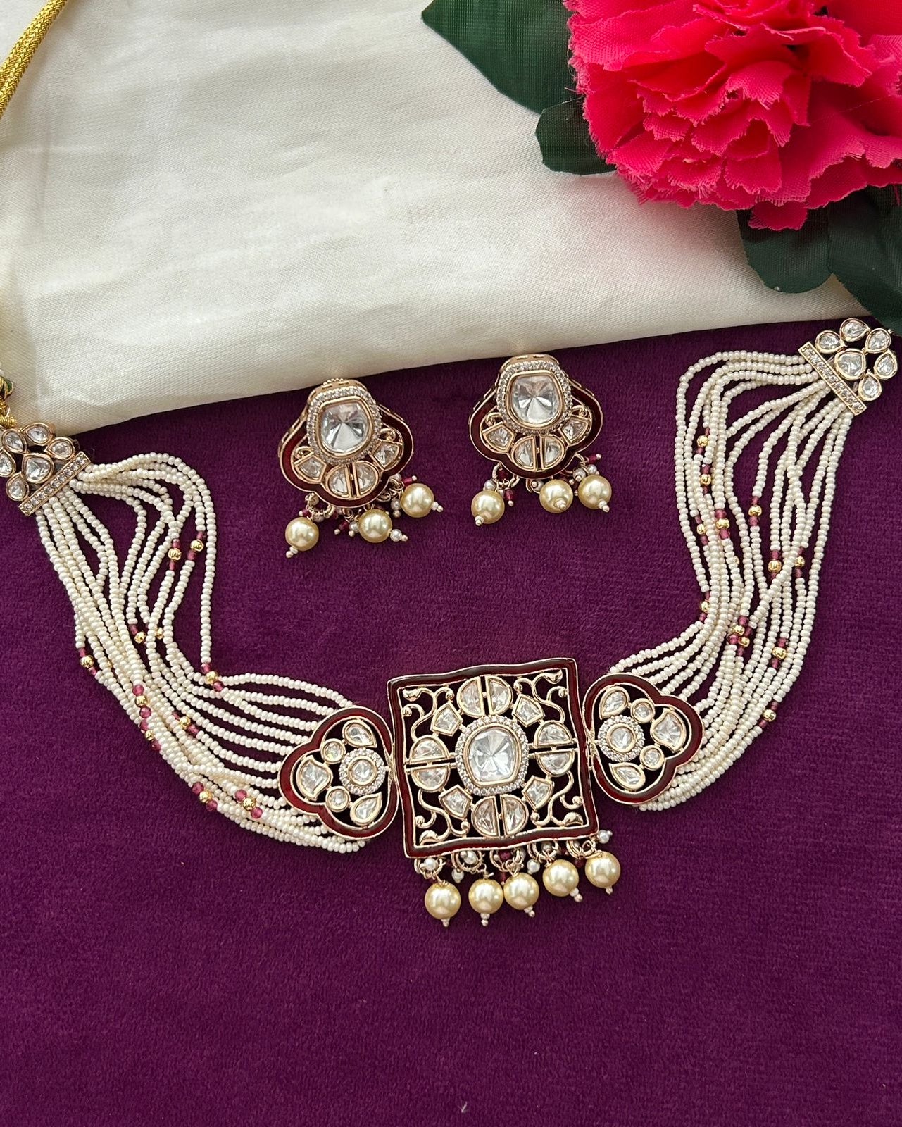 Real Gold Tone Kundan Pearl Choker Necklace Set with Multi Layer Strings with Earrings
