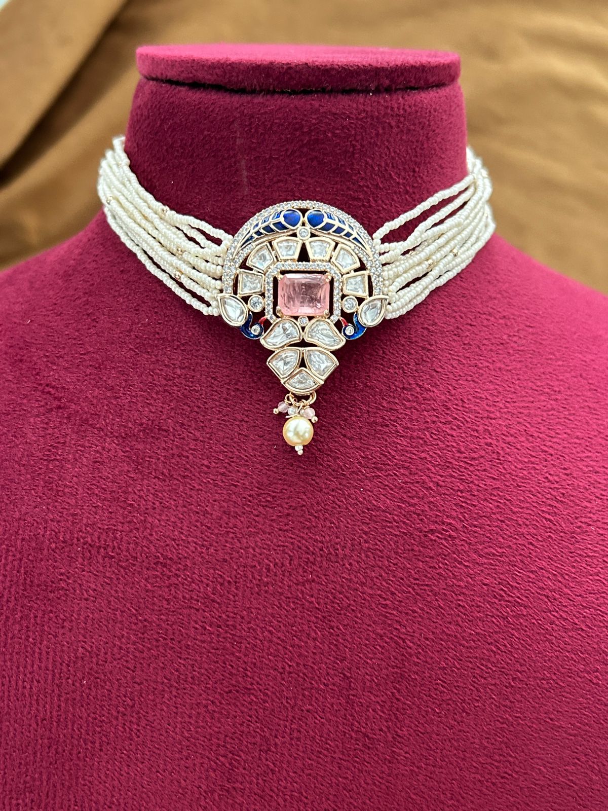 Real Gold Tone Kundan Pearl Choker Necklace Set with Pink Stone and Blue Detailing with Earrings