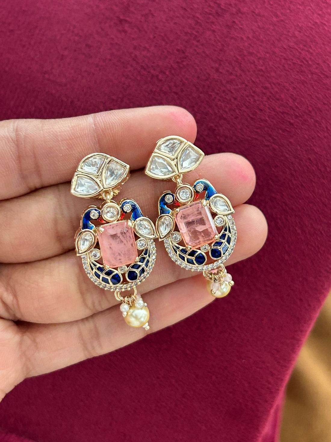 Real Gold Tone Kundan Pearl Choker Necklace Set with Pink Stone and Blue Detailing with Earrings