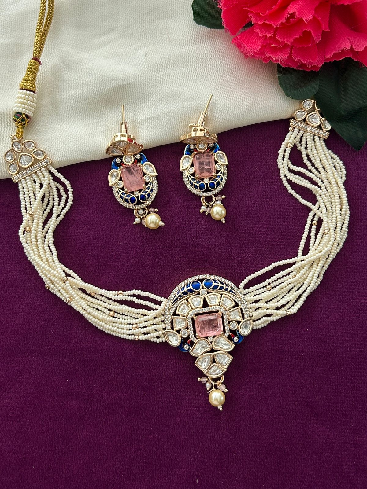 Real Gold Tone Kundan Pearl Choker Necklace Set with Pink Stone and Blue Detailing with Earrings