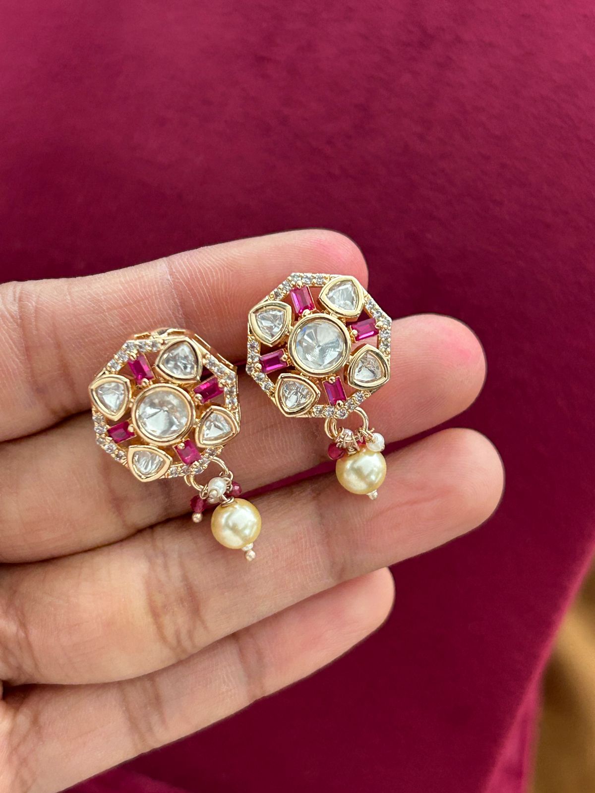 Kundan Pearl Choker Necklace Set Real Gold Tone with Ruby Pink Stone Detailing with Earrings