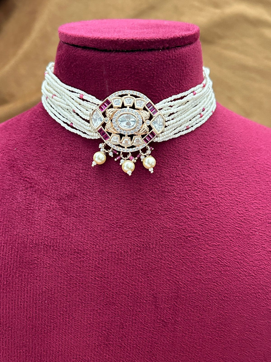 Kundan Pearl Choker Necklace Set Real Gold Tone with Ruby Pink Stone Detailing with Earrings