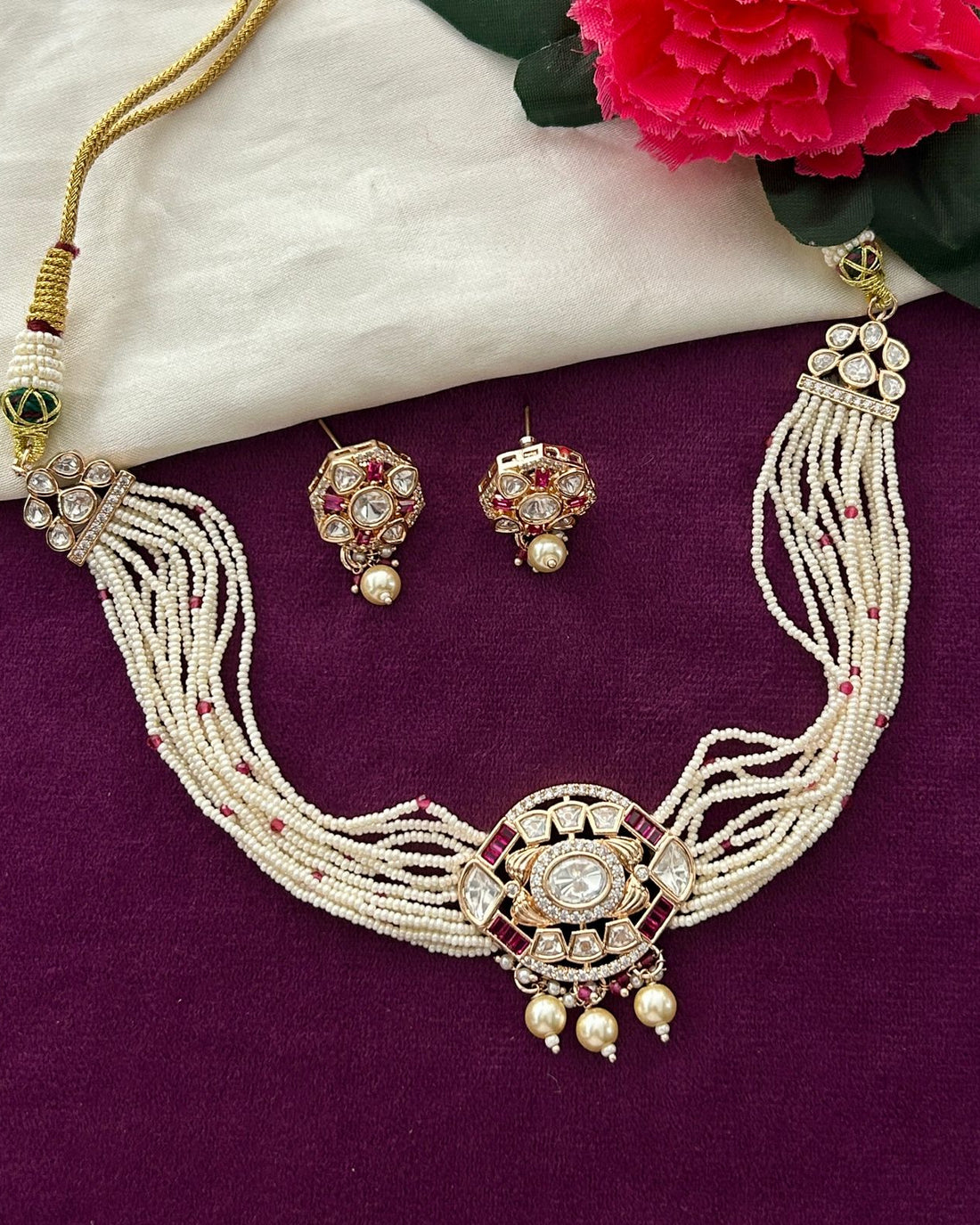 Kundan Pearl Choker Necklace Set Real Gold Tone with Ruby Pink Stone Detailing with Earrings