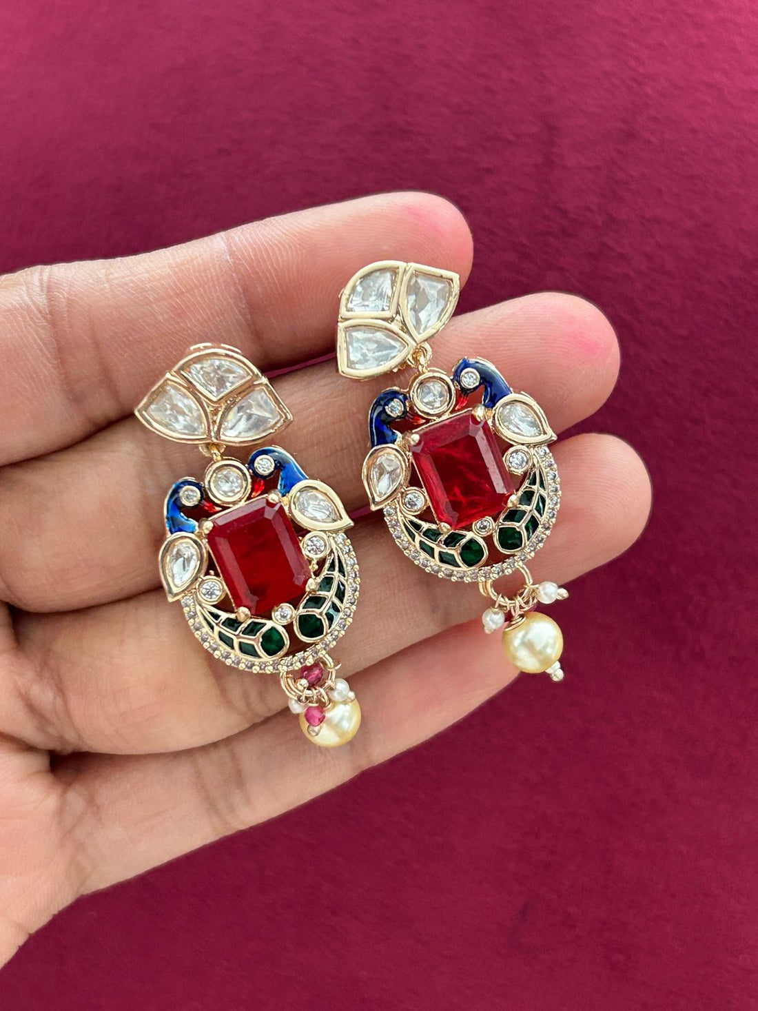Kundan Pearl Choker Necklace Set Real Gold Tone with Ruby Red and Green Stone Detailing with Earrings