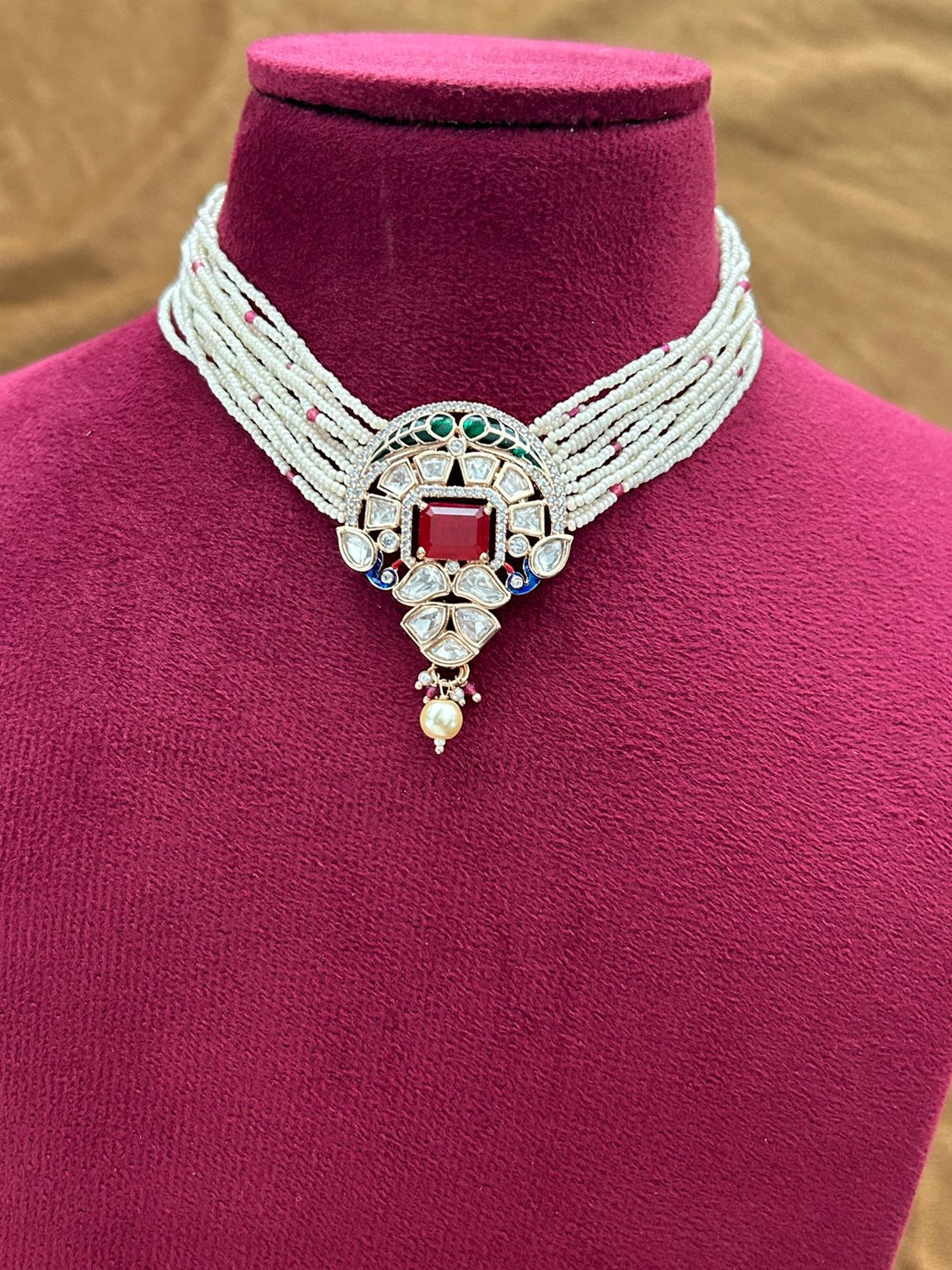 Kundan Pearl Choker Necklace Set Real Gold Tone with Ruby Red and Green Stone Detailing with Earrings