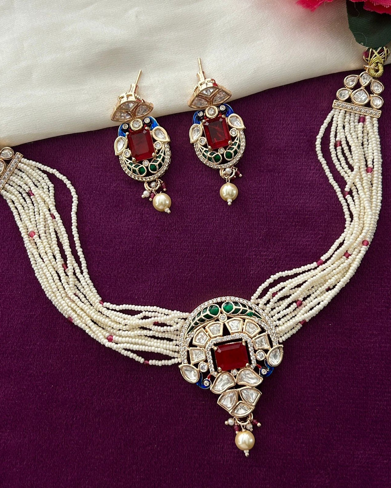 Kundan Pearl Choker Necklace Set Real Gold Tone with Ruby Red and Green Stone Detailing with Earrings