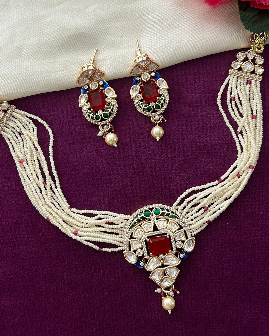Kundan Pearl Choker Necklace Set Real Gold Tone with Ruby Red and Green Stone Detailing with Earrings