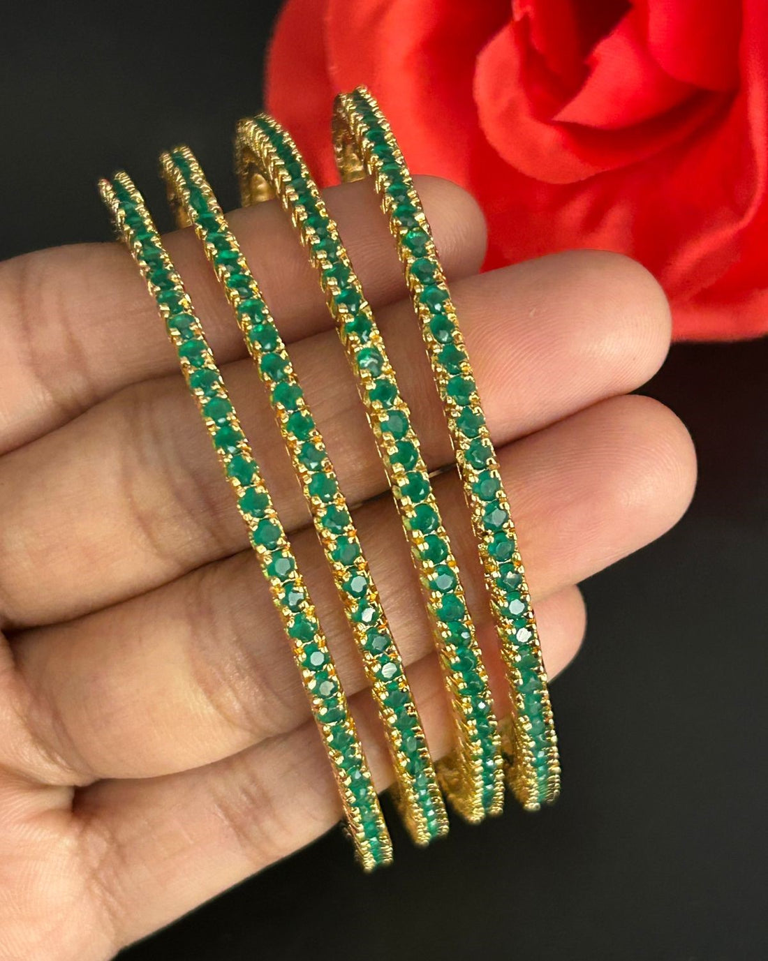 Emerald Green Stone Bangles Set of 4 ,Gold Tone Stack Design