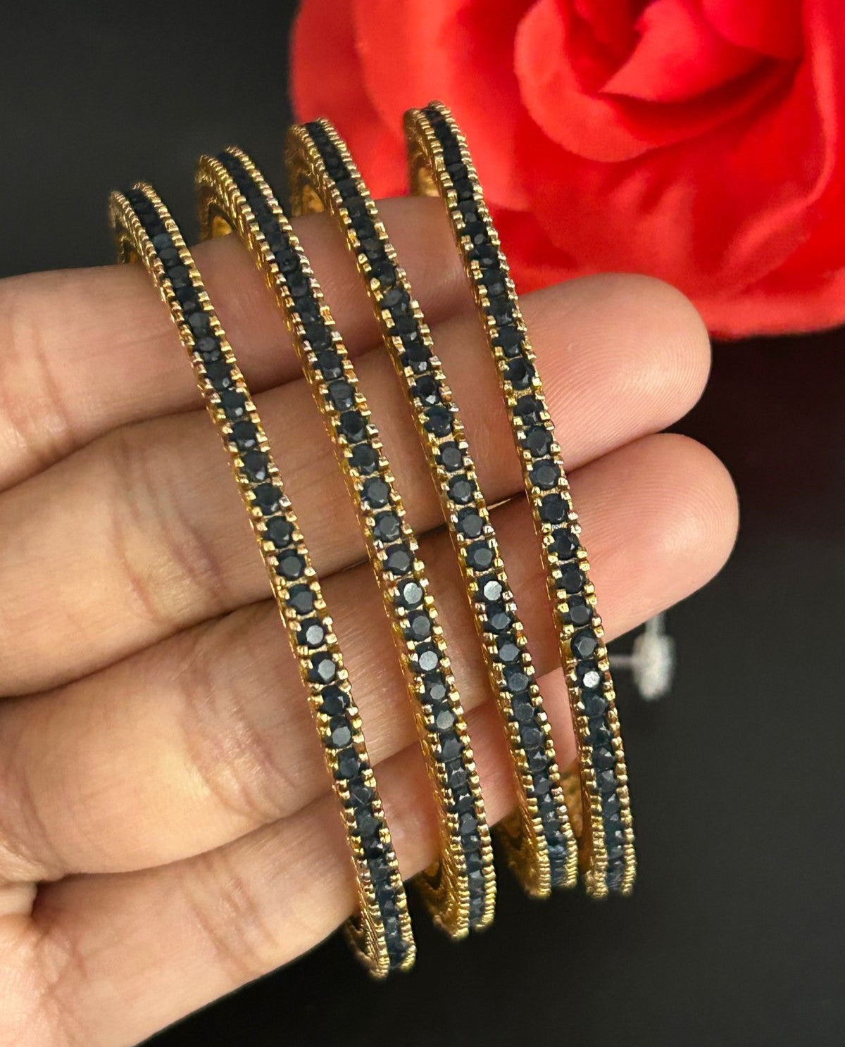 Sapphire Blue Stone Bangles Set of 4 , Gold Tone Stack Design