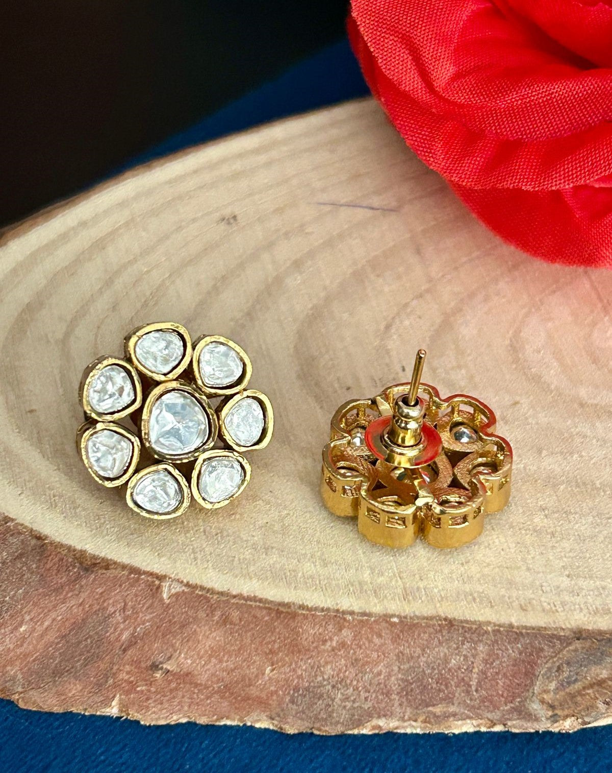 Classic Floral Kundan Stud Earrings Premium Gold Plated Traditional Design for Women
