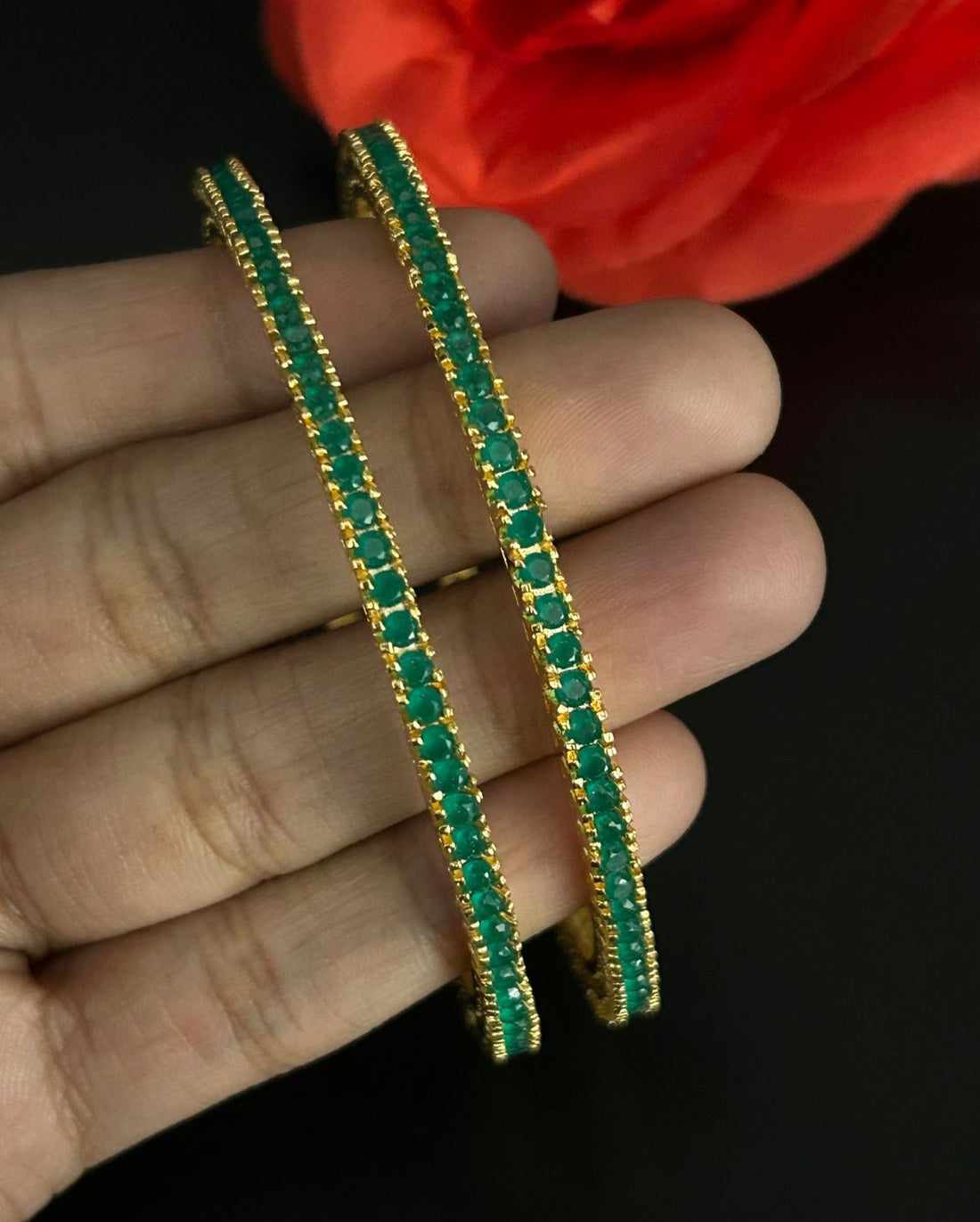 Emerald Green Stone Bangles Pair Gold Tone Slim Design
