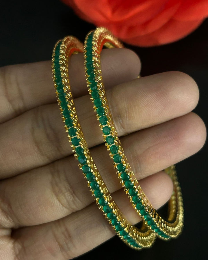Emerald Green Stone Bangles Pair Gold Tone Slim Design
