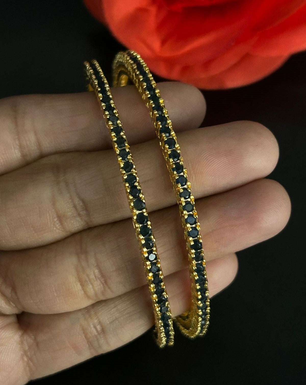 Sapphire Stone Bangles Pair Gold Tone Slim Design
