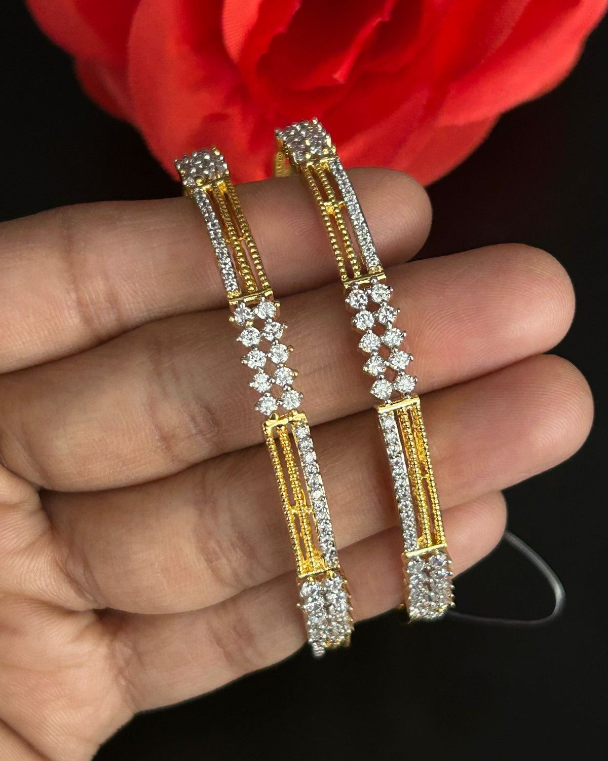 Openable Premium Sparkle Design Diamond Floral Line Bangles Pair Gold Tone