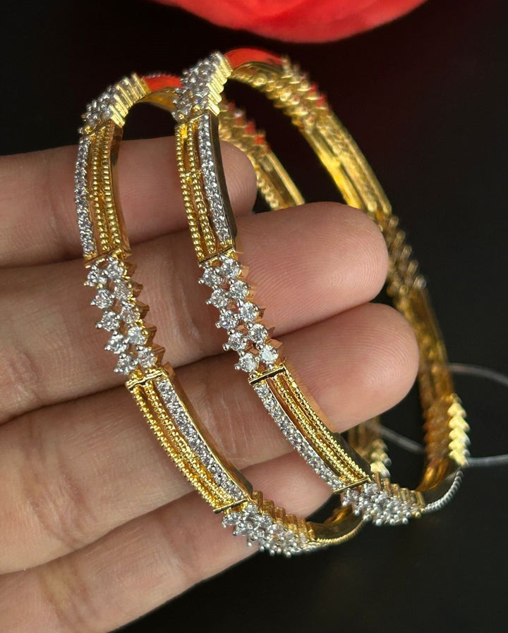 Openable Premium Sparkle Design Diamond Floral Line Bangles Pair Gold Tone