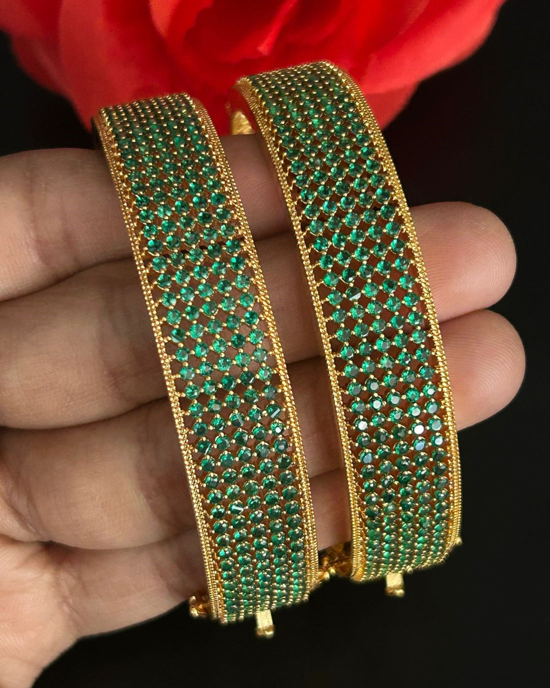 Openable Premium Sparkle Design Emerald Micro Setting Broad Kada Bangles Pair Gold Tone