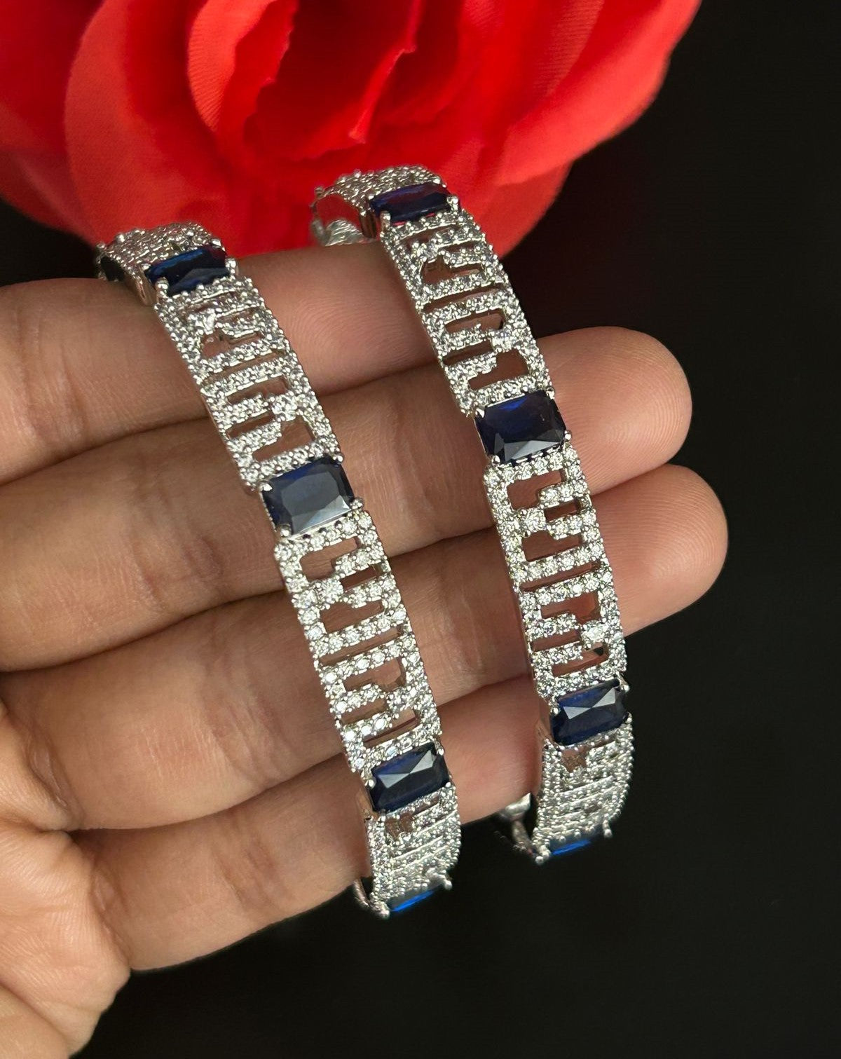 Premium Sparkle Design Royal Blue Square Diamond Cutwork Bangles Pair Silver Tone