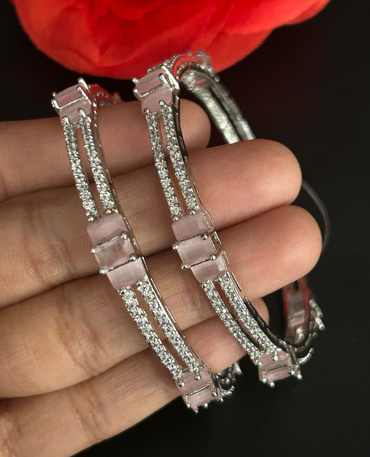 Premium Sparkle Design Soft Pink Rectangle Diamond Bangles Pair Silver Tone