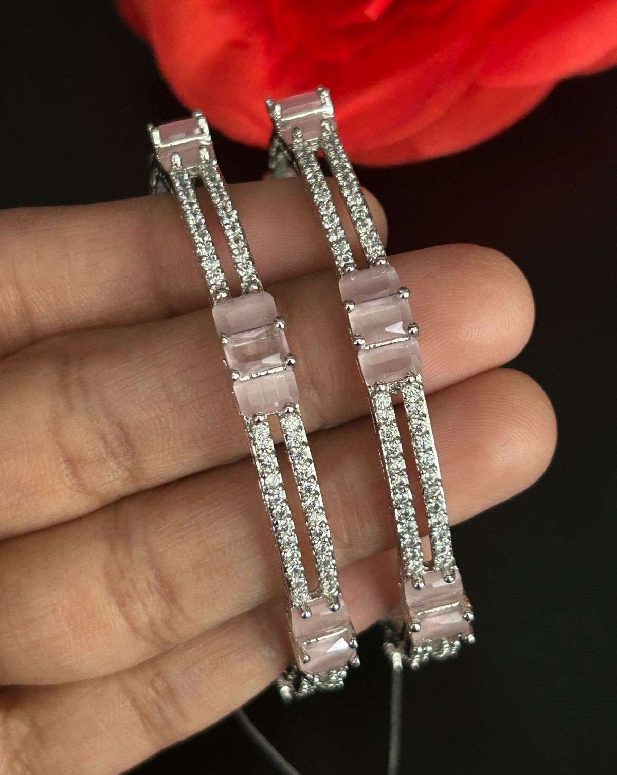 Premium Sparkle Design Soft Pink Rectangle Diamond Bangles Pair Silver Tone