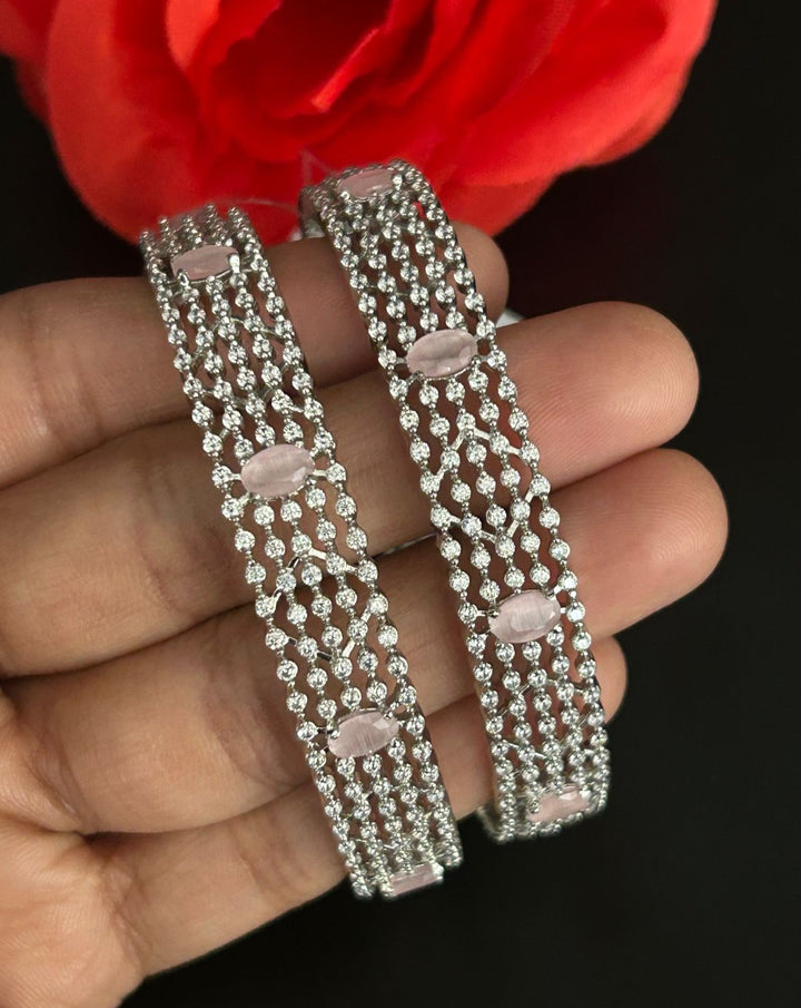 Premium Sparkle Design Soft Pink Diamond Mesh Bangles Pair Silver Tone