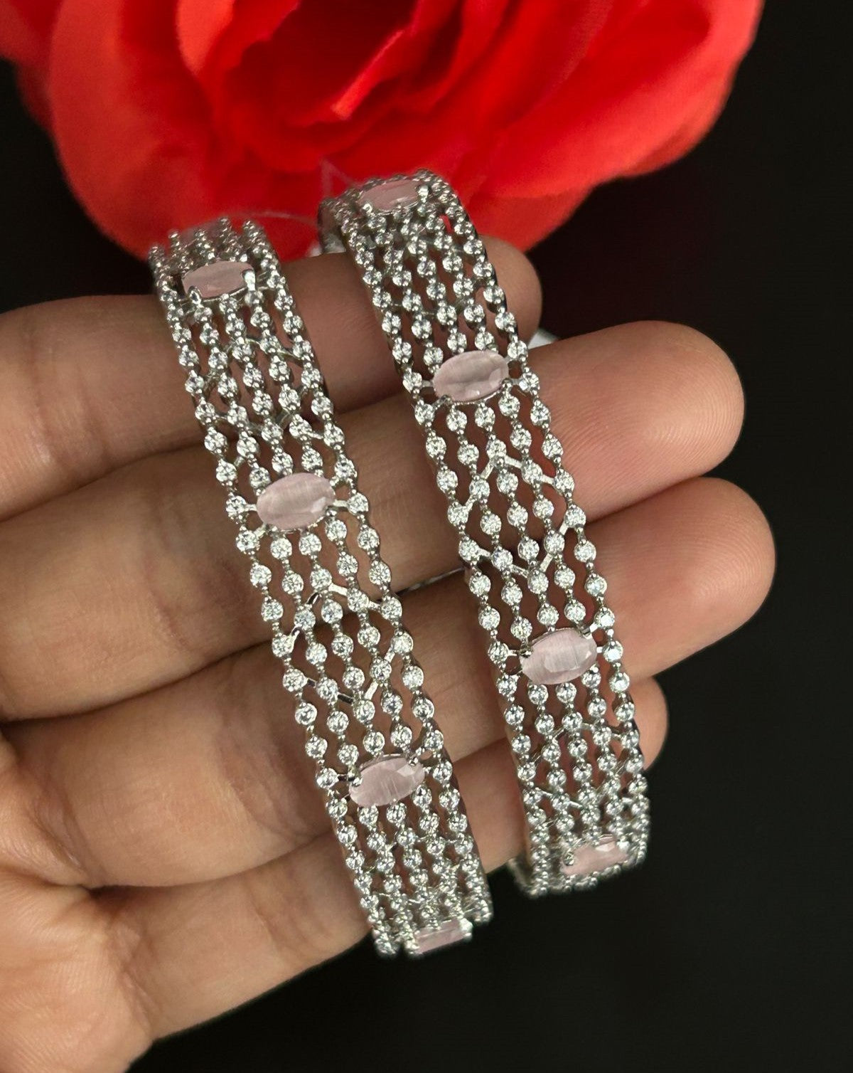 Premium Sparkle Design Soft Pink Diamond Mesh Bangles Pair Silver Tone