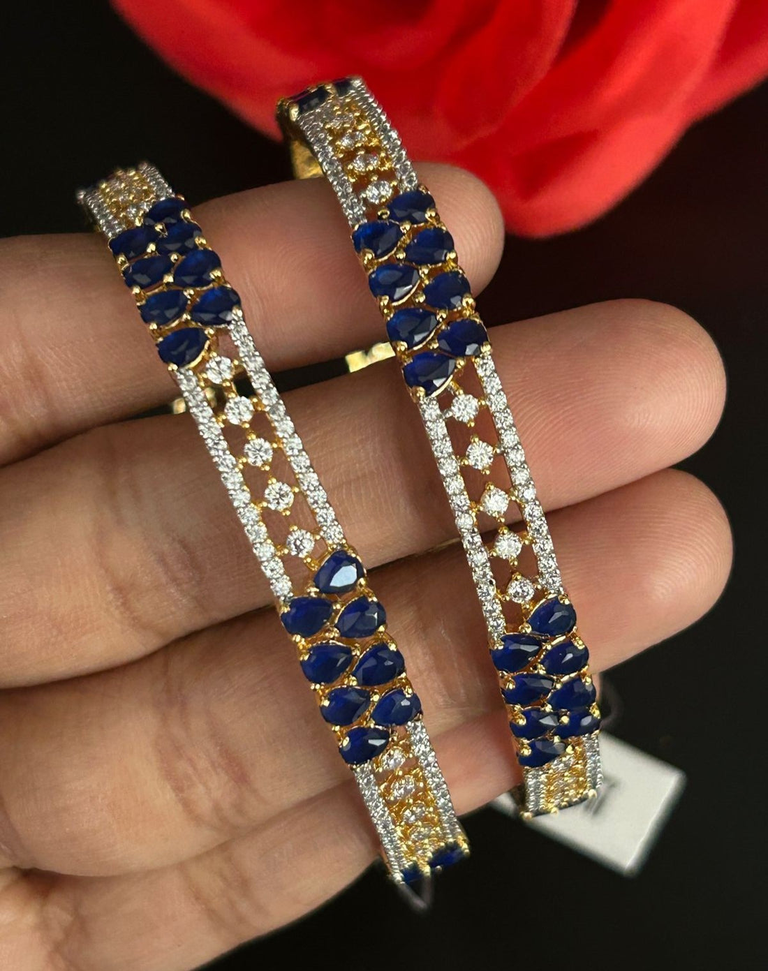Premium Sparkle Design Royal Blue Cluster Diamond Bangles Pair Gold Tone