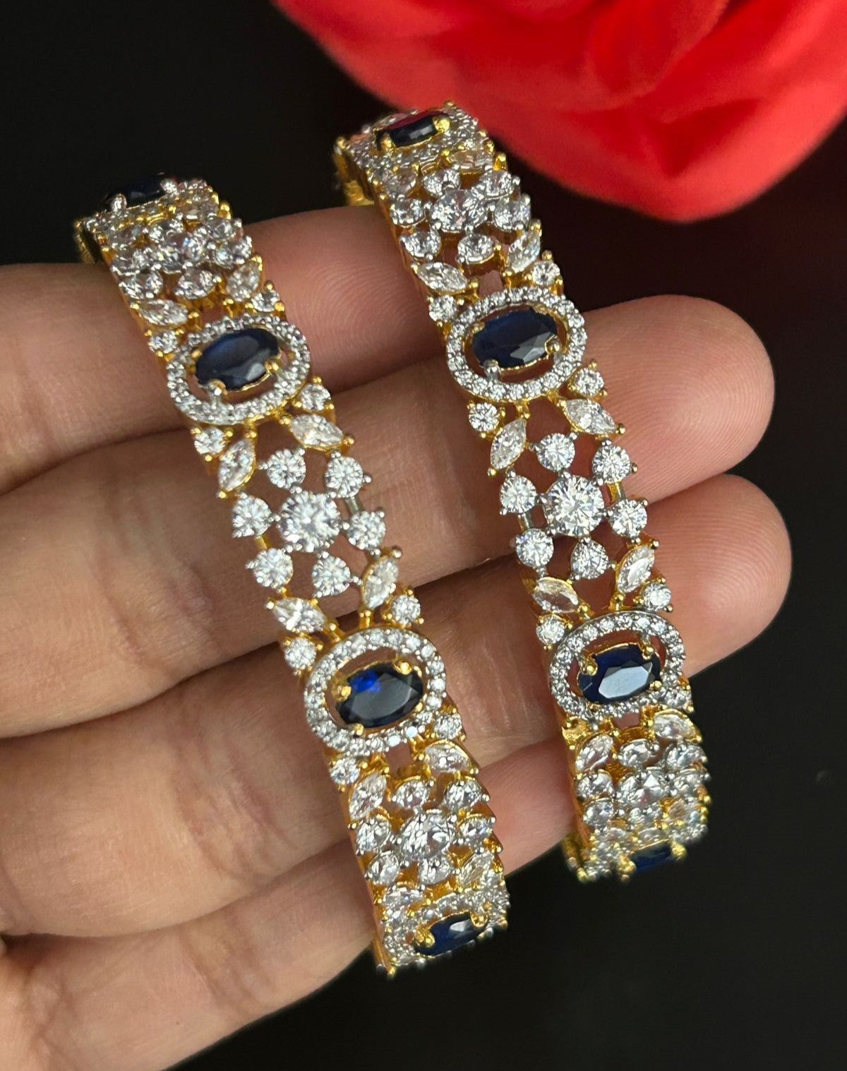 Premium Sparkle Design Royal Blue Diamond Bangles Pair Gold Tone