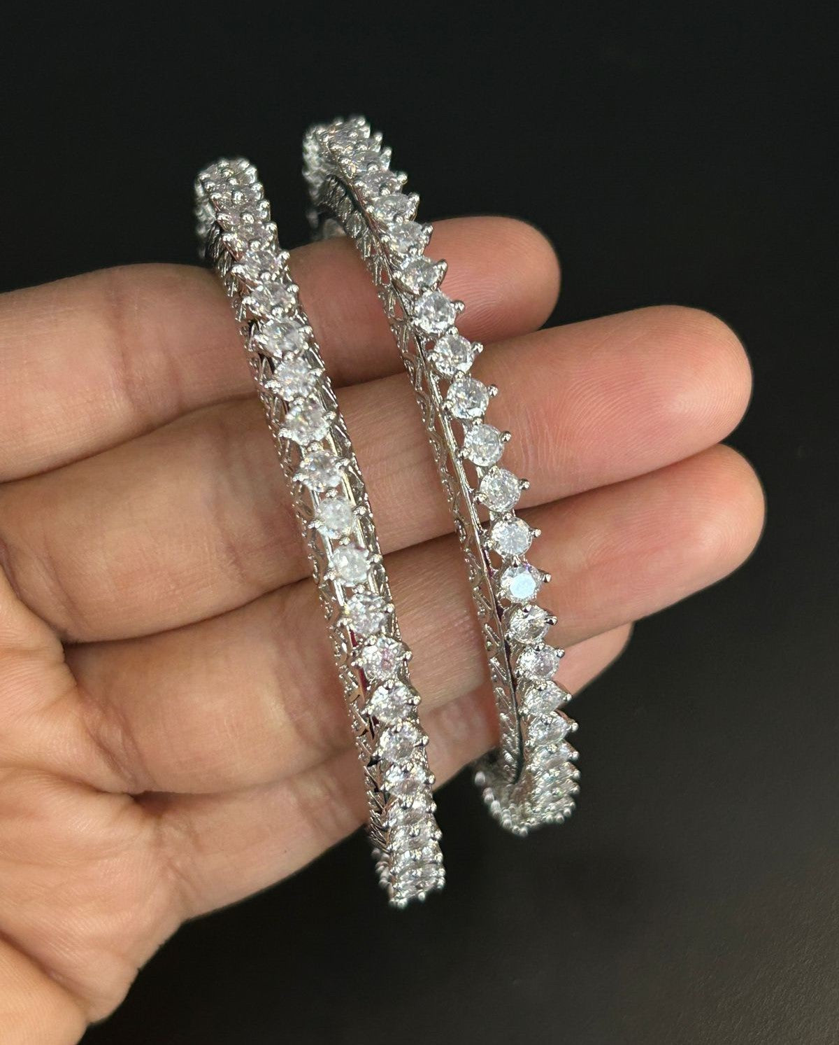 Premium Sparkle Design Diamond Bangles Pair Silver Tone