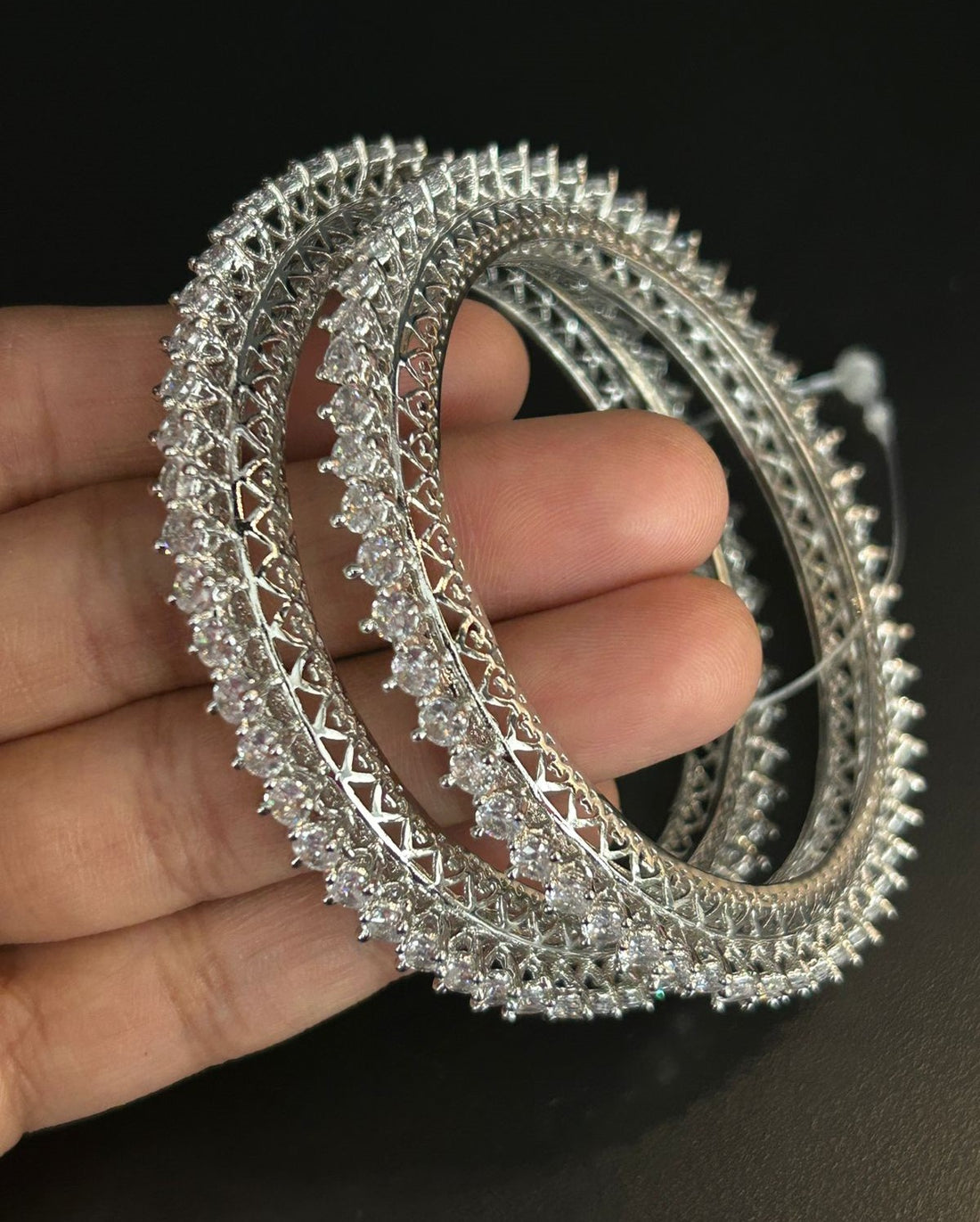 Premium Sparkle Design Diamond Bangles Pair Silver Tone