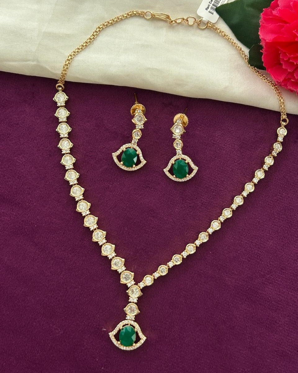 Kundan Drop Necklace Set Gold Tone with Green Stone with Earrings
