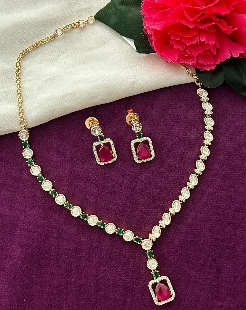 Gold Tone Kundan Drop Necklace Set with Ruby Red and Green Stone with Earrings