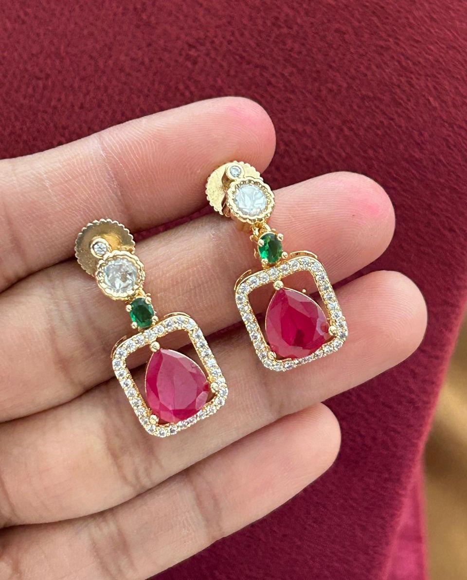 Gold Tone Kundan Drop Necklace Set with Ruby Red and Green Stone with Earrings