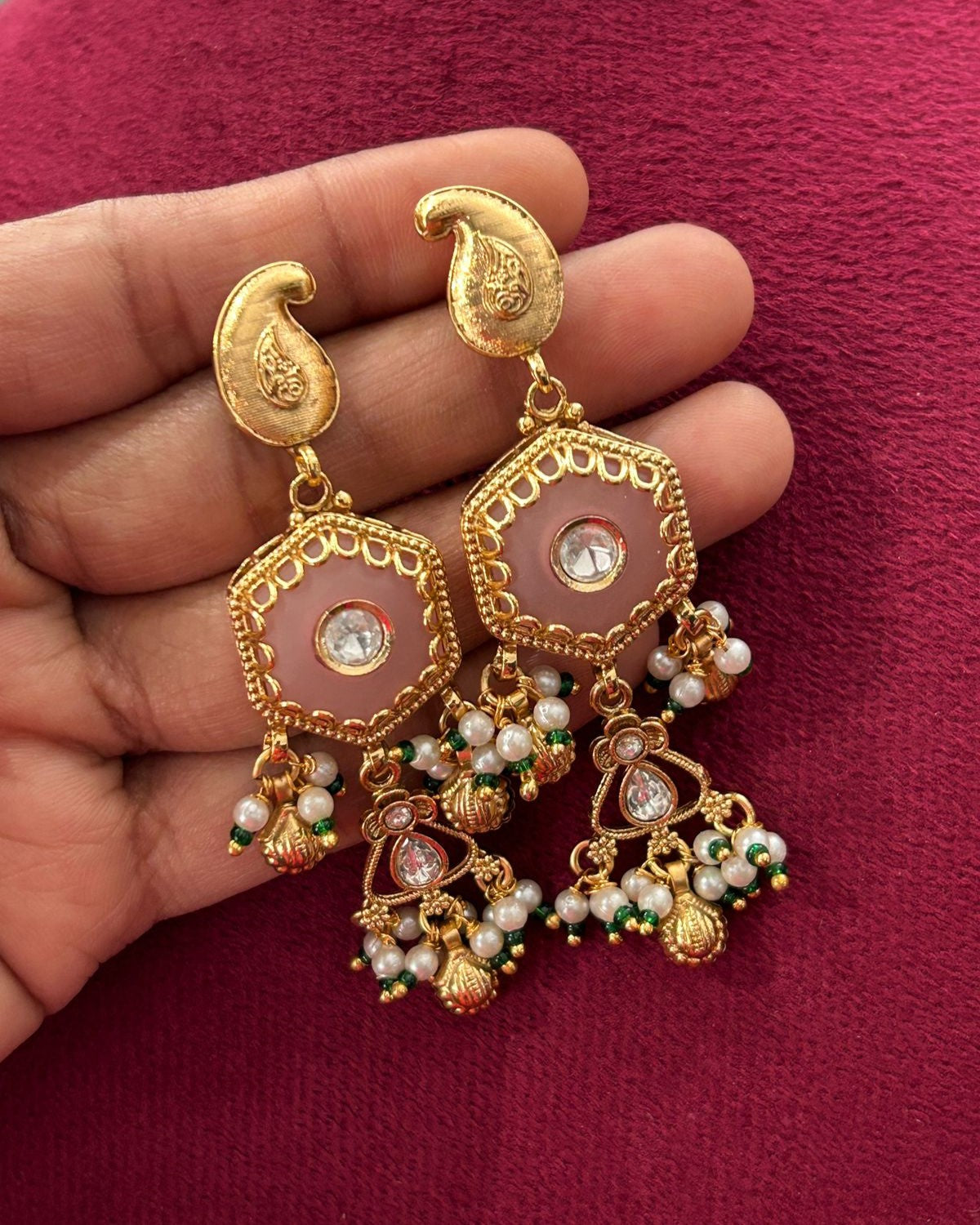 Premium Antique Finish Gold Plated Blush Pink Choker Necklace Set with Pearl Drops