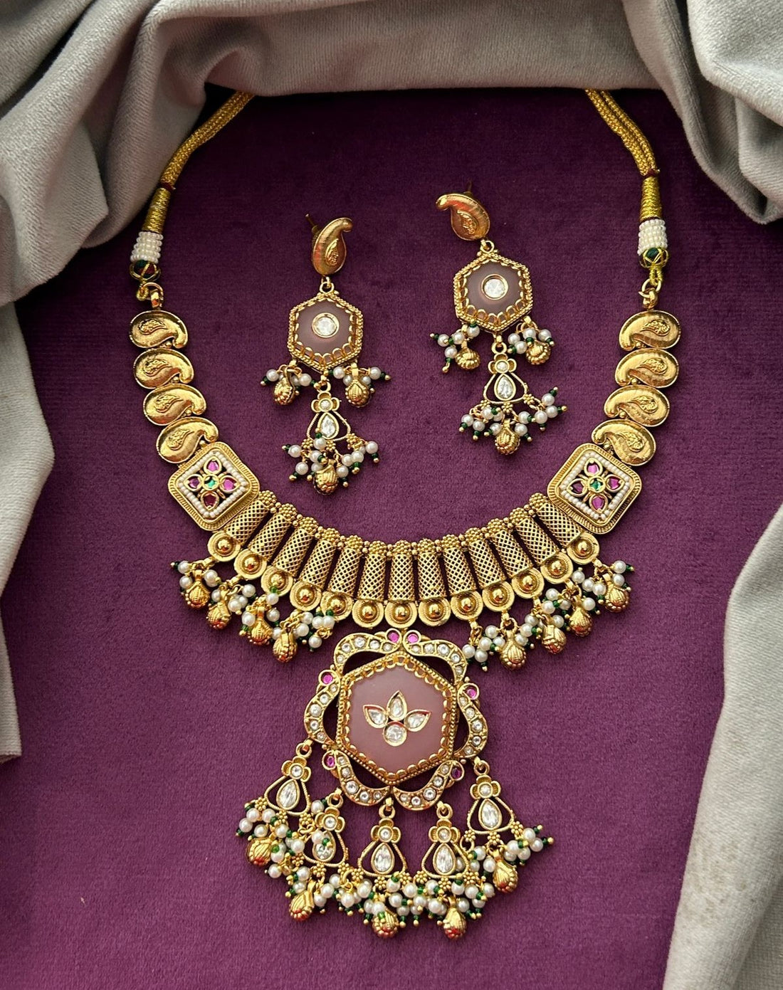 Premium Antique Finish Gold Plated Blush Pink Choker Necklace Set with Pearl Drops